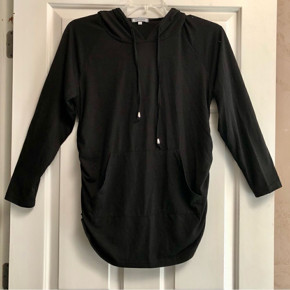 Ginkana Women’s Black Hooded Maternity Top with Front Pockets Size Large